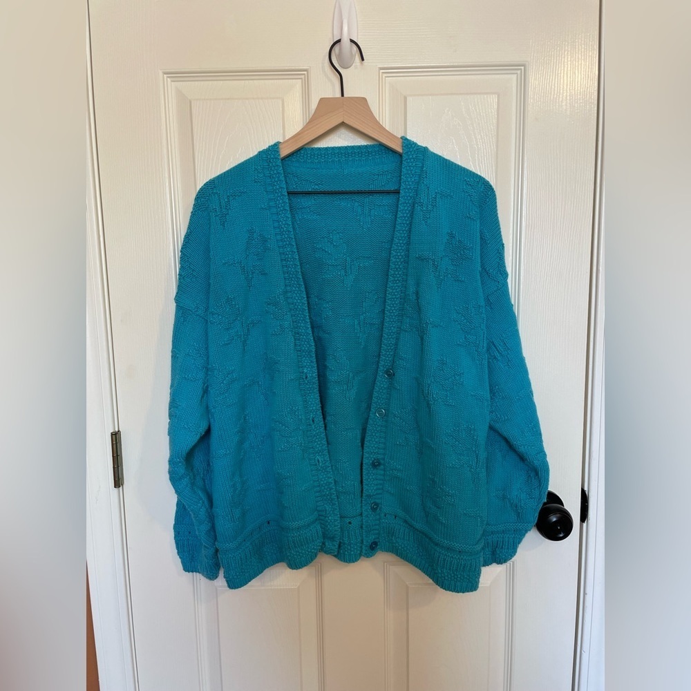 Teal Vintage Hand Knit Grandma Core Chunky Cardigan Sweater Size Large